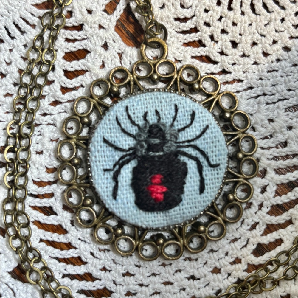 Brass Black Widow Spider Embroidered Pendant Necklace